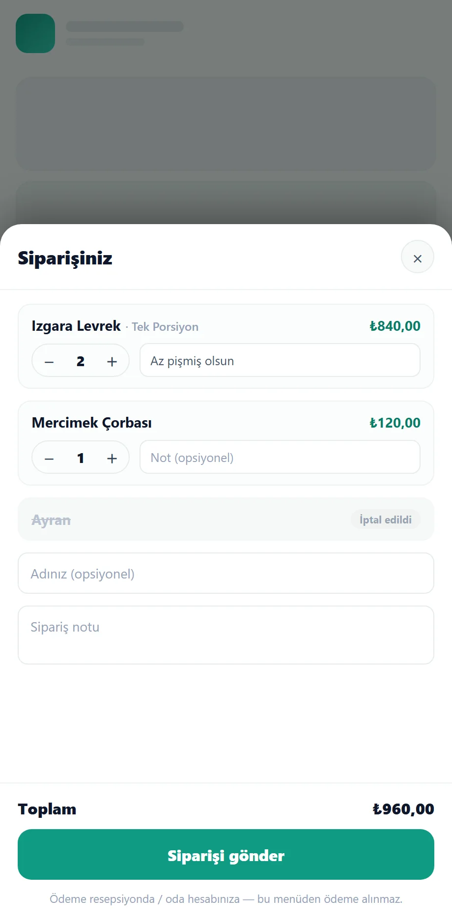 Ödemesiz sipariş + adisyon